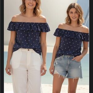 Reitmans Navy Off-Shoulder Ruffle Top  size Medium no care tag